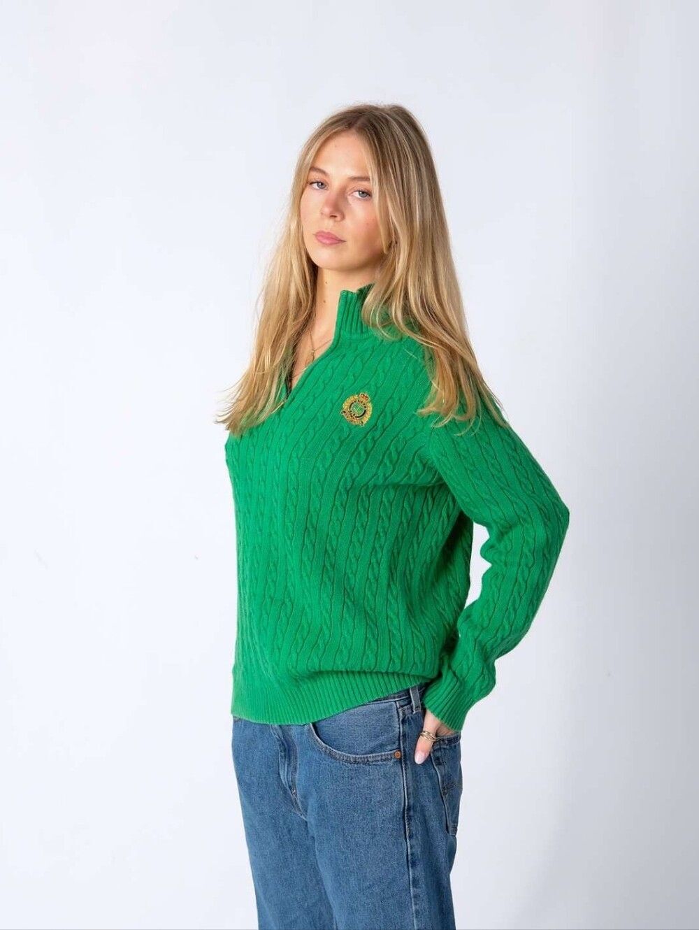 Lauren Ralph Lauren Green Cable- Knit Quarter-Zip Crest Pullover Sweater
